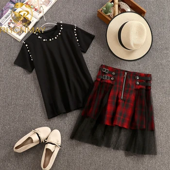 

2020 Summer Sexy 2 Piece Set Women O neck Short Sleeve Beading Pearl T-Shirt + Vintage Plaid Zippers A Line Mesh Skirts Suit