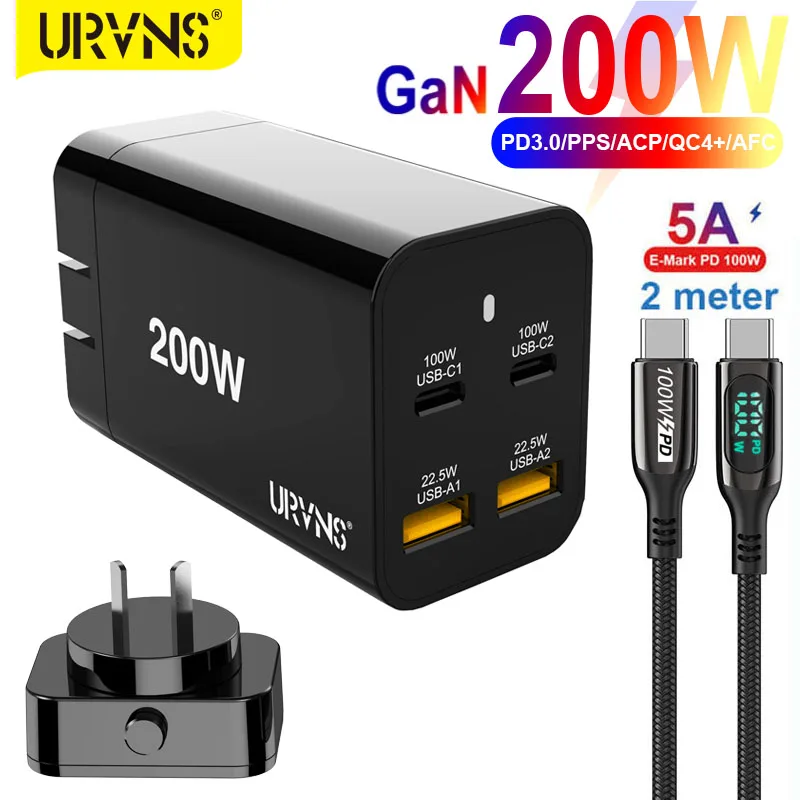 URVNS 200W USB C GaN Wall Charger PD100W PPS45W QC4+ Super Fast Charging Station for iPhone MacBook Samsung Xiaomi Type-C Laptop wallcharger Chargers