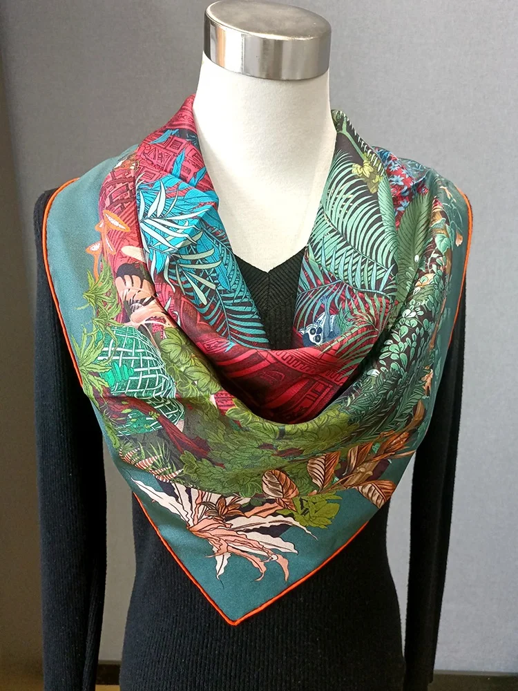 

2 Side Print 100% Real Silk Scarf Neckerchief Classic Garden Prints Women Top Grade Silk Wraps Shawl Foulard 88*88cm