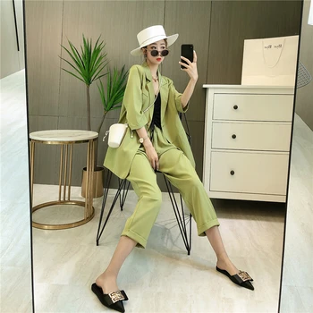 

Fashion Women's OL Style Back Split Blazers Jacket Elastic Pants Two Pieces Set Vintage Single Breasted Casual Sets Loose Suits