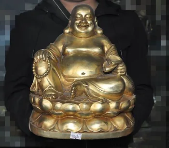 

Christmas 12"China bronze Gilt sit lotus wealth Money bag Laughter Maitreya Buddha Statue Halloween