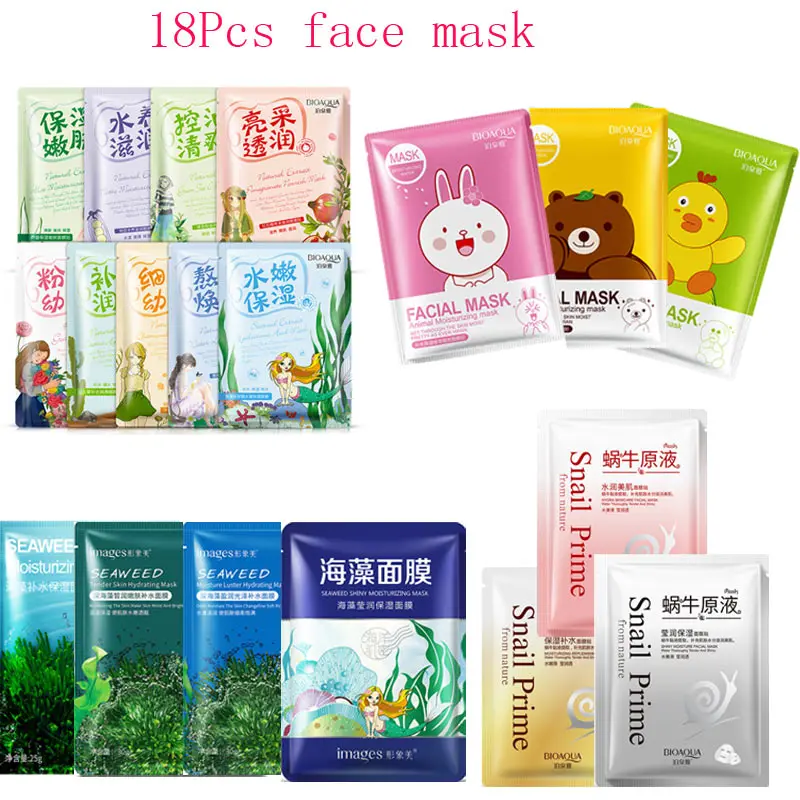 

18Pcs Mixed Face Mask Plant Seaweed snail cartoon Series Deep Moisturizing Soften Anti-Aging Facial Masks Different Packaging
