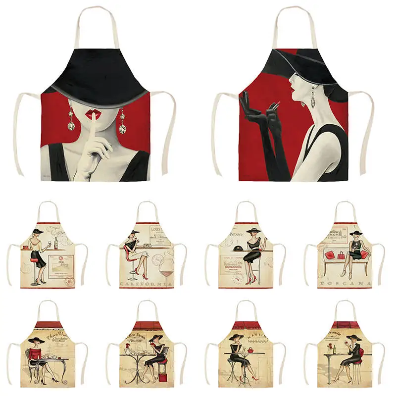 Linen Fashion Woman Print Kitchen Aprons Unisex Dinner Party Cooking Bib Funny Pinafore Cleaning Apron WQC293