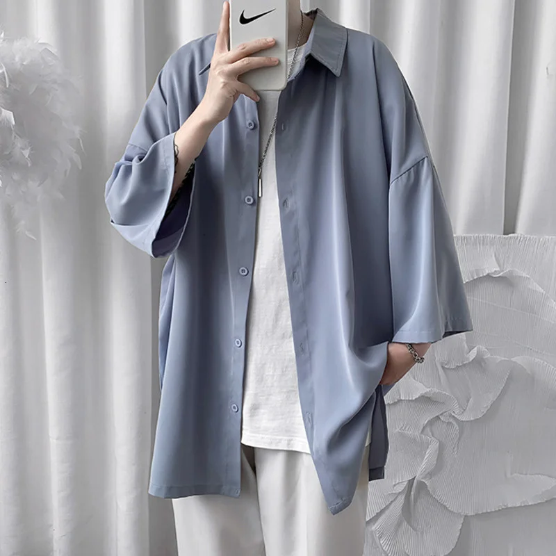 HYBSKR 2022 Summer Men Shirts Korean Style Loose Male Solid Color Short Sleeve Tops Man Baggy Casual Couple Clothes | Мужская одежда