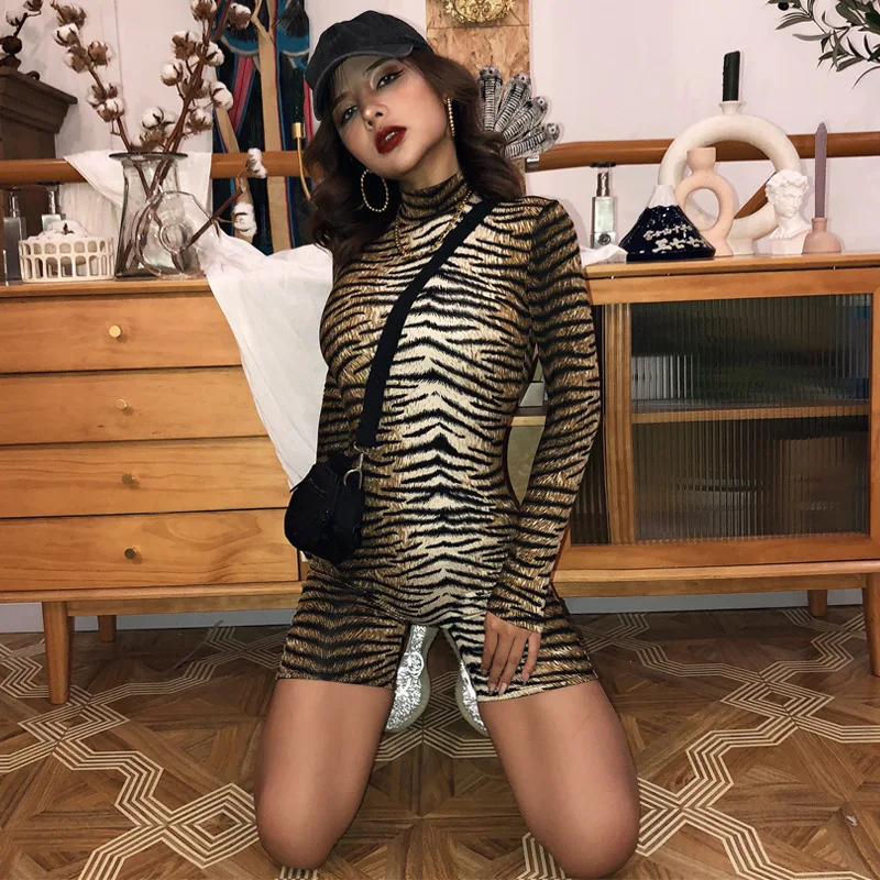 CHRLEISURE женский комбинезон с высоким воротником, пуловер с длинным рукавом, сексуальный комбинезон с леопардовым принтом тигра, Модный женский комбинезон