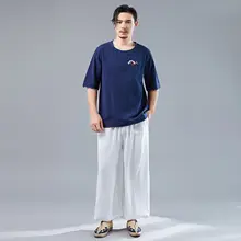 Мужская толстовка льняная Китайская традиционная свободная футболка с коротким рукавом повседневные штаны для пробежек тренировки для спортивной йоги тайчи рубашка