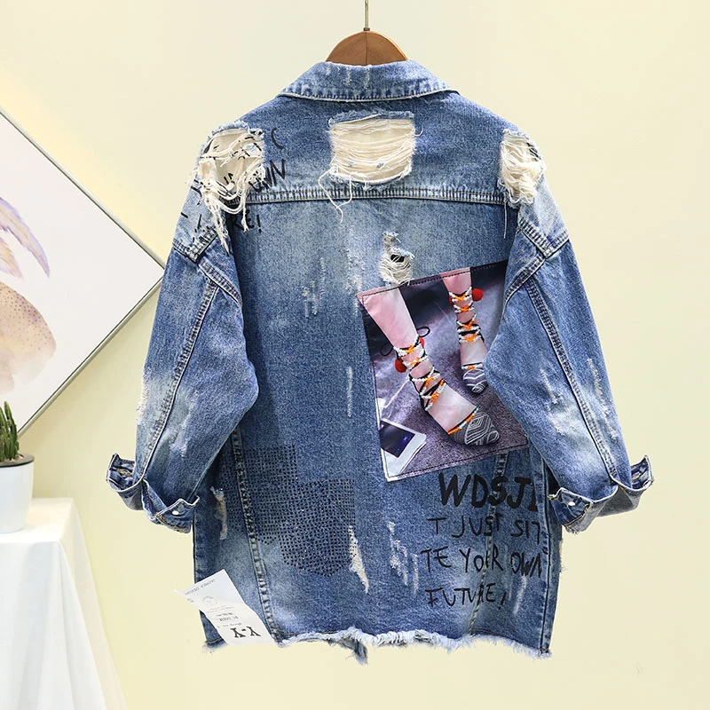 

Harajuku Heavy work Diamond Patch Print Autumn Women Washed Frayed Hole Denim jacket Plus size Chaqueta mujer Casual Basic coat