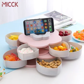 

MICCK Plastic Fruit Dish Double Layers Snack Box Candy Plates Petal-shape Rotating Trays Box Dried Fruit Storage Organizer Box