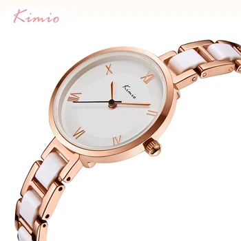 

KIMIO Women White Imitation Ceramic Bracelet Watches Simple Big Dial Ladies Quartz Watch Roman Scale Wristwatch