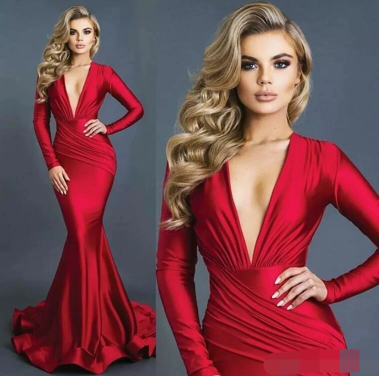 

2020 robe de soiree abiye Red Mermaid Formal Evening Dresses Sexy Plunging V Neck Long Sleeves Ruched Prom dress robe de soiree