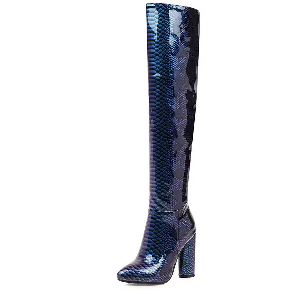 SARAIRIS Plus Size 33-46 New Patent Pu Leather Ladies High Heels Over The Knee Boots Women Zip Sexy Winter Brand Shoes Women - Цвет: Синий