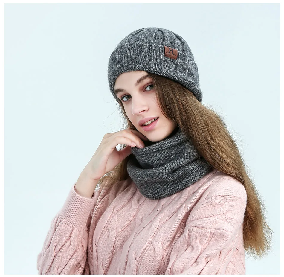 WISHCLUB, модная теплая зимняя шапка, шапка с меховым помпоном и шарф, набор из 2 предметов, вязаная шапка, 4 цвета, шарф, набор, унисекс, шарф, теплый