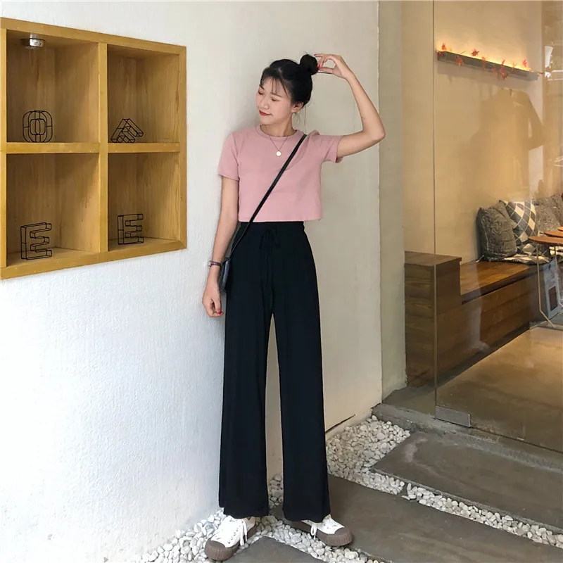 

Women's Casual Wide Leg Pants Loose Knit Pants Dangle Wide Leg Pants Elastic Strap Wild Student Casual Pants black gray GD038