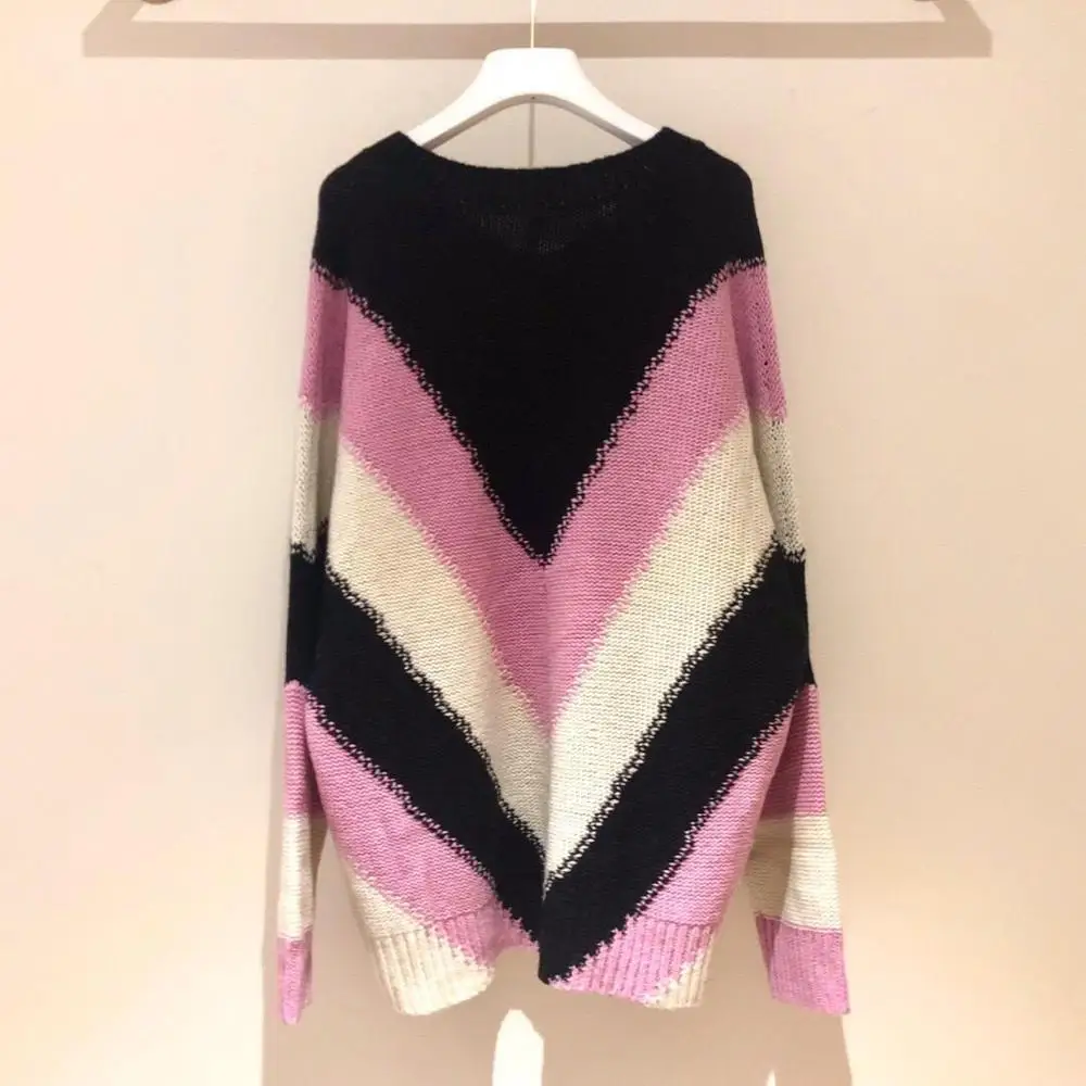 

2019FW winner new women fasion V neck patchwork 100% wool sweater female loose jumpers pullover ddxgz2v 9.17