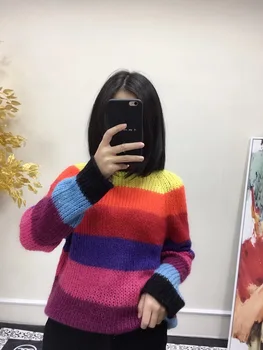 

2019 spring women casual color stripe pullover pull round neck women nice jumper Striped knit sweater