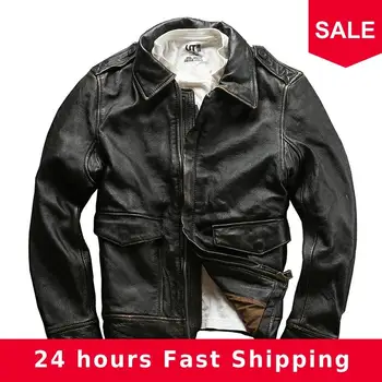

2020 Vintage Black Men Slim Fit Pilot Leather Jacket Plus Size XXXXL Genuine Cowhide Autumn Military Aviator Leather Coat