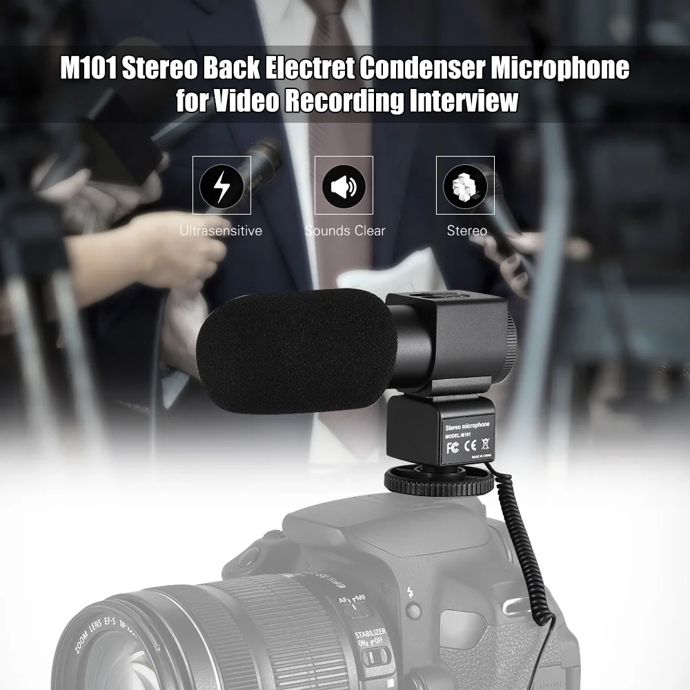 

M101 Stereo Microphone Back Electret Condenser Microphone for Canon Nikon Sony DSLR Camera Video Recording Interview