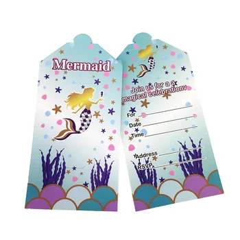 

16pc/lot gold Golden Haired Mermaid Party Paper Invitation Card Kids Happy Birthday Party Supplies Decoration Favors Baby Shower