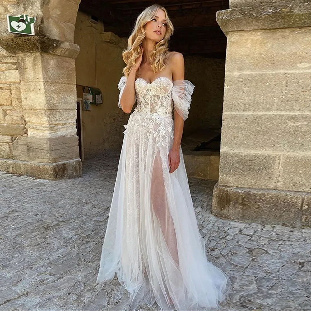 Off Shoulder Boho Wedding Dresses For Women 2022 Tulle Sweetheart Beach Bridal Gown Pleated Sleeves Illusion Summer grace kelly wedding dress