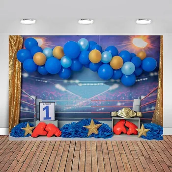 

Boy 1st Birthday Photography Background Boxing Ring Blue Balloon Baby Shower Portrait Sport Backdrop for Photo Studio