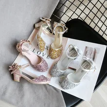 

Princess Kids Rhinestone Sandals Closed-toe Bowtie Leather Shoes Girls Wedding Party Stage Costumes Ballerinas Heeled Moccasins