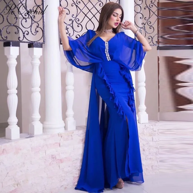 

PEORCHID Dubai Royal Blue Formal Long Dresses Evening Gown With Sleeves Women Caftan Marocain Beaded Prom Party Dress 2021 New
