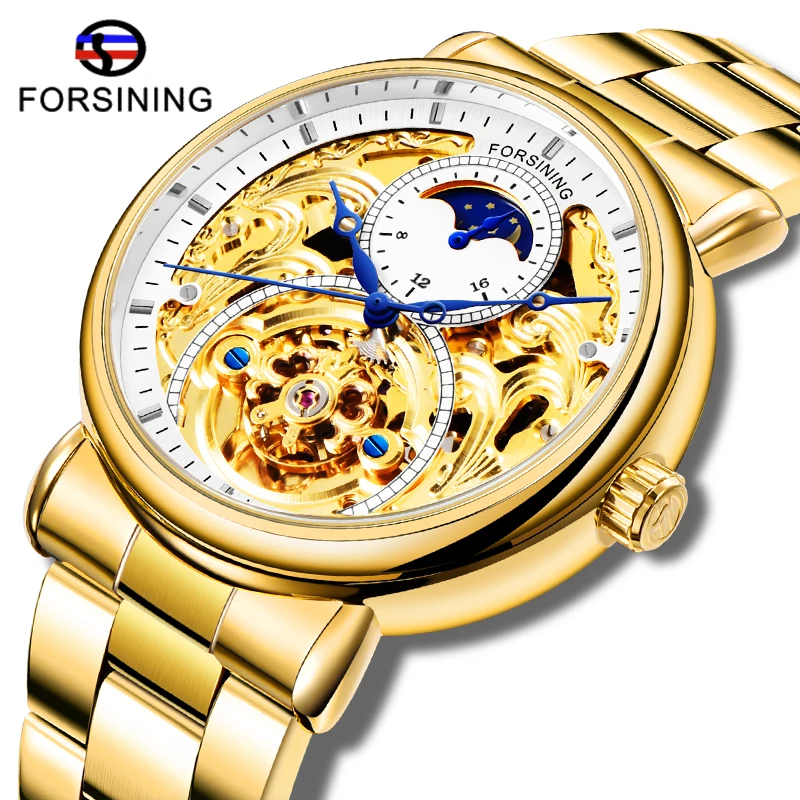 

Luxury FORSINING Golden Skeleton Display Blue Hand Stainless Steel Men Mechanical Wristwatch Waterproof Male Clock Drop Shipping