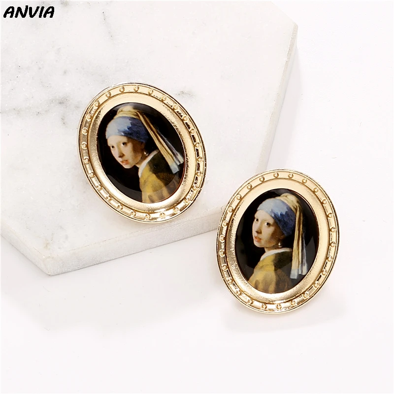 Овальный Форма серьги-гвоздики Vermeer арт Камея классические винтажные массивные