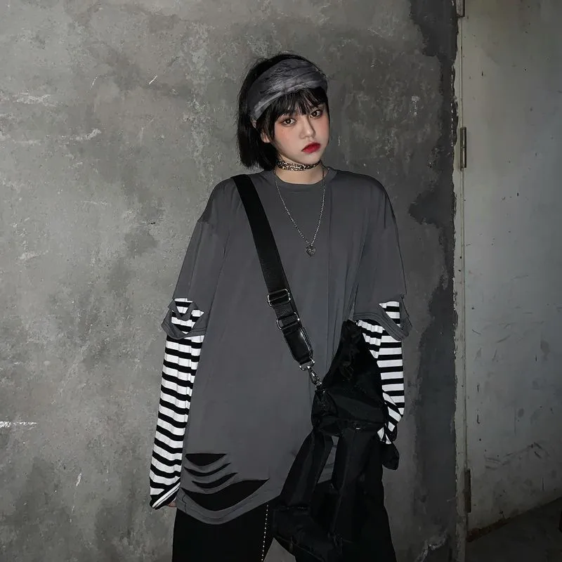 Lychee Harajuku, женская футболка с дырками, в стиле пэчворк, с вырезом лодочкой, с длинным рукавом, женские футболки, топы, футболки в полоску, поддельные, 2 штуки, женские футболки