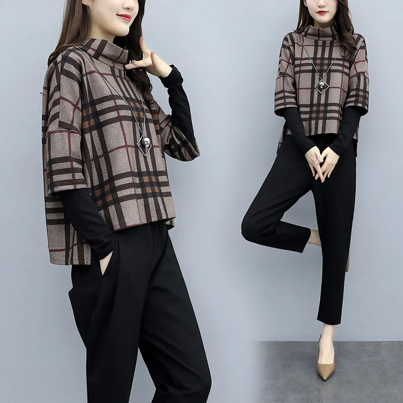 

Spring Autumn Women 2 Piece Set Top And Pants Plaid Korean Set Casual Two Piece Outfits Lattice Women's Tracksuits Women's Suit