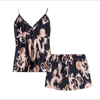 

V-neck Silk Sexy Pajamas Ladies Summer Silk Pajamas Suspenders Shorts Two-piece Suit Home Service Printing Red Black Wholesale