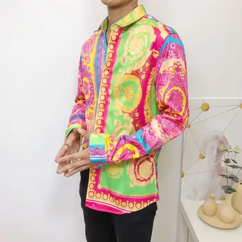 

New Baroque Shirt Men Women Long Sleeve Floral Shirt Luxury Crown Chemise Homme Casual Slim Fit Wedding Banquet Prom Fancy Shirt