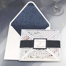 10pcsWedding Пригласительные открытки высокого класса костюм лазерный вырез индивидуальный заказ цвета слоновой кости многоцветной флэш-конверт и ремень обеспечивают печать s