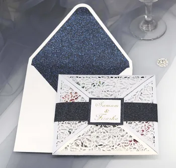 

10pcsWedding Invitation Card High-end Suit laser Cutout Private Custom Ivory Multi-color Flash Envelope & Belt Provide print s