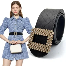

Designer Luxury Brand Pu Wide Belt For Women Rhinestone Buckle Waist Strap Female Dress Jeans Trouser Decoration Waistband