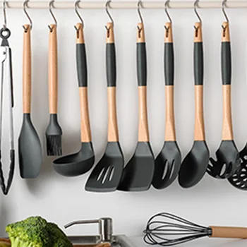 

Durable And Practical Heat-resistant Silicone Kitchen Utensils Kitchen Tools Cookware Set Wooden Handle With Bucket FP8