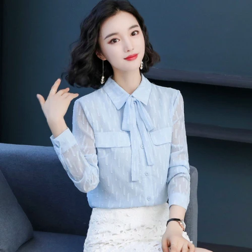 G475316 Осенняя рубашка Женская Корейская версия маленькая шифоновая рубашка с длинными рукавами большие размеры Профессиональные топы в стиле вестернов