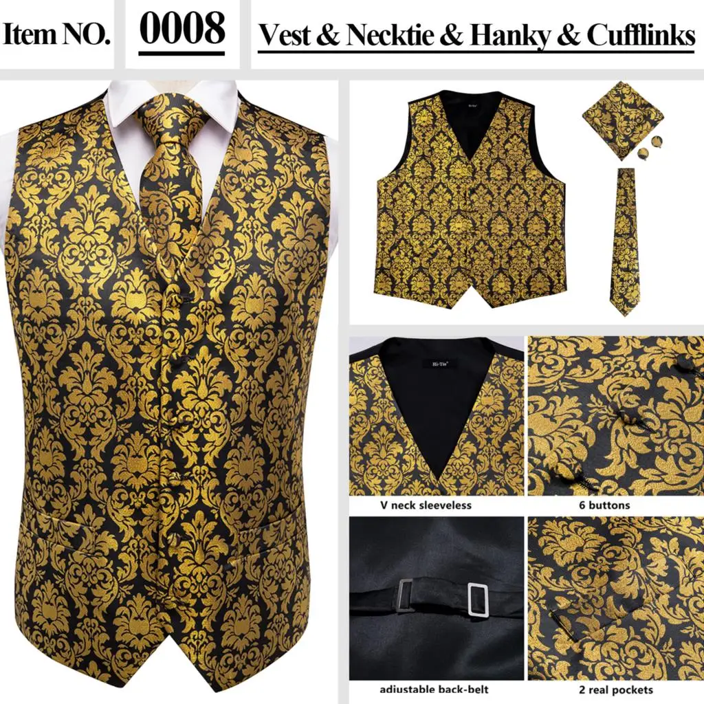 black blazer for men Hi-Tie 100% Silk Purple Gold Paisley Mens Vests With Neck Tie Hankerchief Cufflinks Set Jacquard Waistcoat for Wedding Business áo khoác blazer