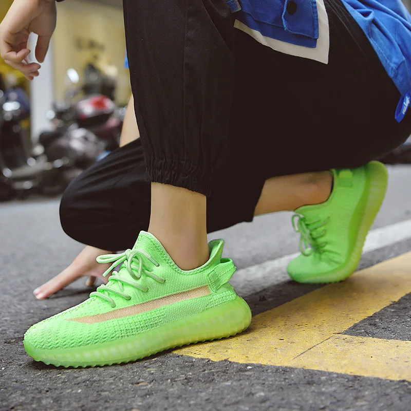 Повседневные кроссовки для женщин и мужчин; светящаяся обувь из кокосового ореха; спортивная легкая обувь на плоской подошве с зеленым блеском; флуоресцентная обувь из сетчатого материала на шнуровке