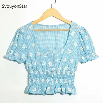 

SyouyonStar Summer Cotton Women Sweet Blouse Square Collar Short Sleeve Daisy Print Tops 2020 Elastic Waist Short Shirts