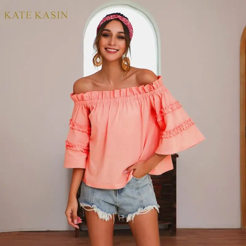 Kate Kasin 2019 летний Повседневный стиль расклешенный рукав с открытыми плечами Топы