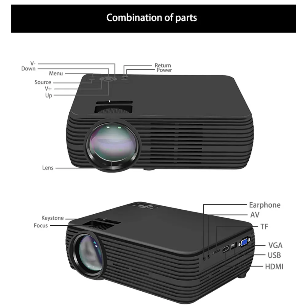  LED Mini Projector Full HD 4K USB TF HDMI Media Player Home Cinema LCD 16:9 Support Red Blue 3D Hom