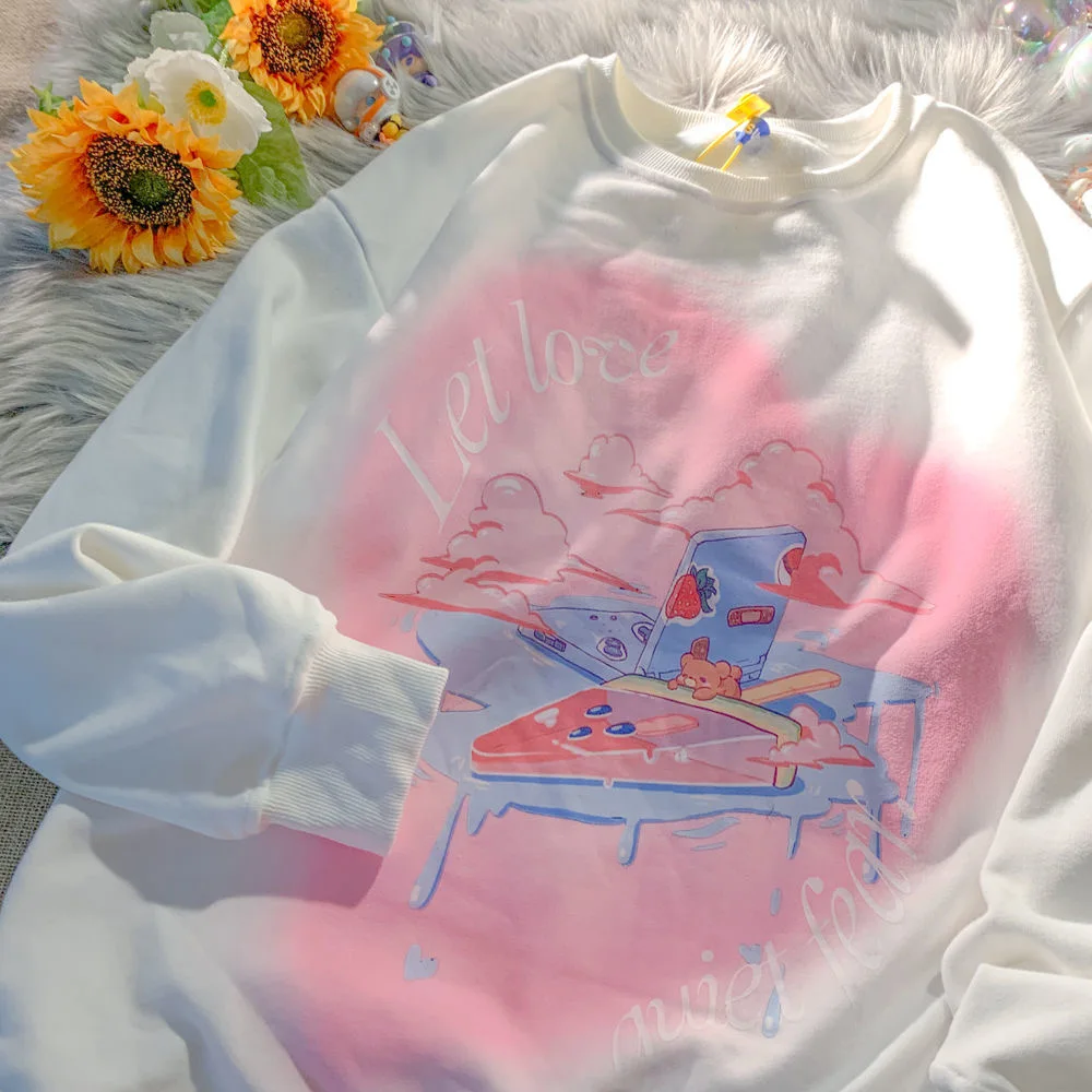 

Round Collar Hoodie Women 2021 Autumn Ice Cream Melted Print Sweatshirt Sweet Harajuku Oversized Hoodies Teens Long Sleeve Top