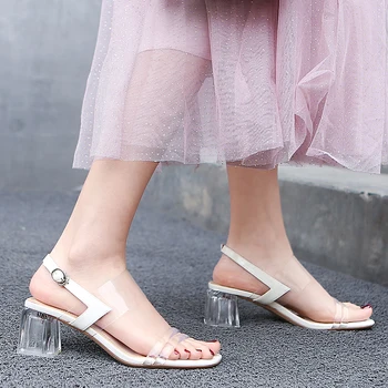 

2020 Shining Transparent Clear Heels Black White Dress Party Shoes Women High Heel Sandals Ankle Strap 11813ASH2341
