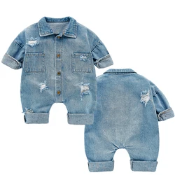 HS – vêtements en Denim pour nouveau né, barboteuse en coton pour bébés garçons et filles, avec trous flexibles, combinaison 