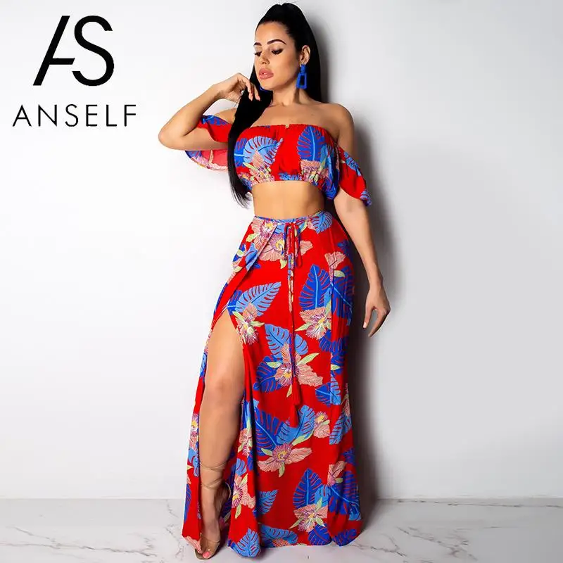 

ANSELF Women Cropped Top and Slit Skirt Set Floral Leaves Print High Waist Maxi Holiday Skirt Suit 2019 Summer Outfits Ladies