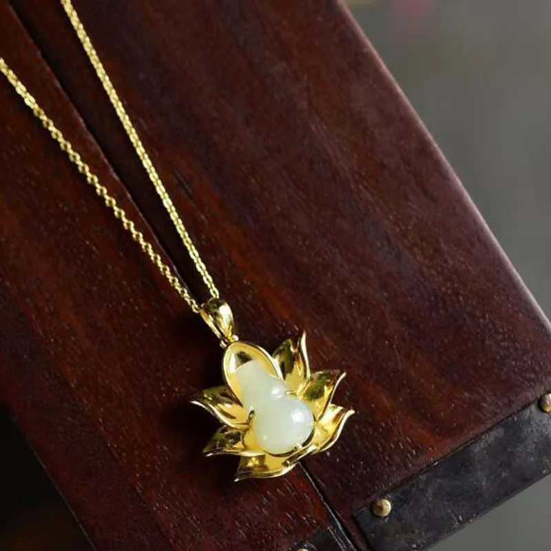 S925 Silver Chinese Hand-carved Hetian Jade Gourd Pendant Necklace Lucky Fine Jewelry gift