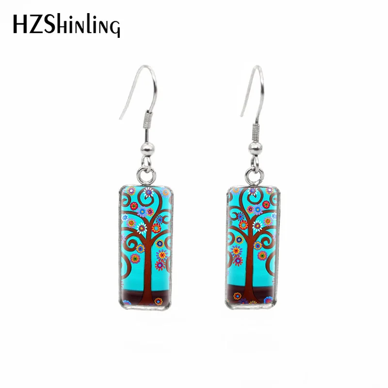 

2019 New Tree Of Life Rectangular Earring Abstract Trees Art Square Fish Hook Earrings Glass Dome Jewelry