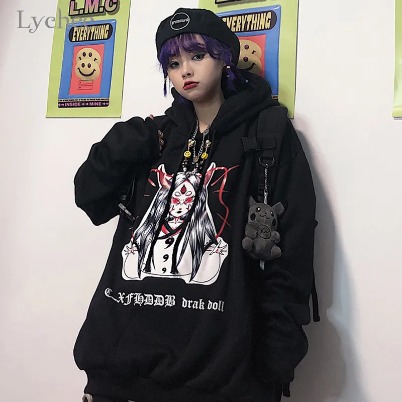 Lychee Harajuku с злыми героями мультфильмов, для маленьких девочек Для женщин флисовые толстовки с капюшоном и свитшоты Весна-осень-зима Леди Топы Повседневное свободные женские толстовки с капюшоном