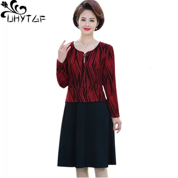 

UHYTGF Spring dress womens fashion print fake two casual Female dress long sleeve pullover elegant loose 5XL plus size dress 891